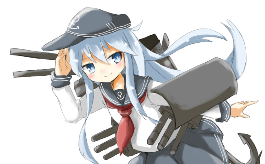 1girl agaryaashika anchor_symbol aqua_hair bangs blue_eyes blush dutch_angle hat hibiki_(kantai_collection) kantai_collection long_hair long_sleeves looking_away personification school_uniform serafuku simple_background smile solo white_background