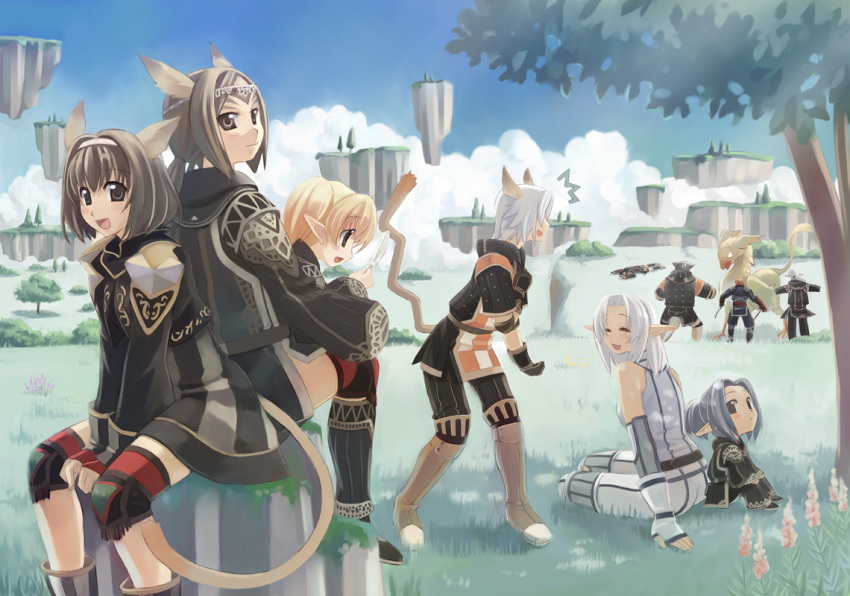 /\/\/\ 4boys 6+girls animal_ears armor battle between_legs blonde_hair blush brown_eyes brown_hair cat_tail circlet clouds death elf elvaan fighting_stance final_fantasy final_fantasy_xi floating_island galka gloves grass griffin hairband hand_between_legs hume long_hair looking_at_another looking_at_viewer mithra multiple_boys multiple_girls naruse_chisato ninja_(final_fantasy) pointy_ears ponytail short_hair short_twintails sitting sky surprised tail tarutaru tree twintails white_hair