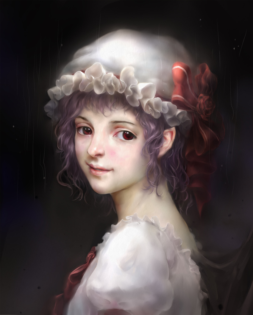 1girl ascot bat_wings bow curly_hair dark derivative_work dress fine_art_parody grape-kun_ganbaranai hat hat_ribbon highres lips looking_at_viewer looking_to_the_side mob_cap monochrome nape nose parody parted_lips pointy_ears portrait puffy_sleeves purple_hair realistic red_eyes remilia_scarlet ribbon short_hair short_sleeves side_glance smile solo touhou wings