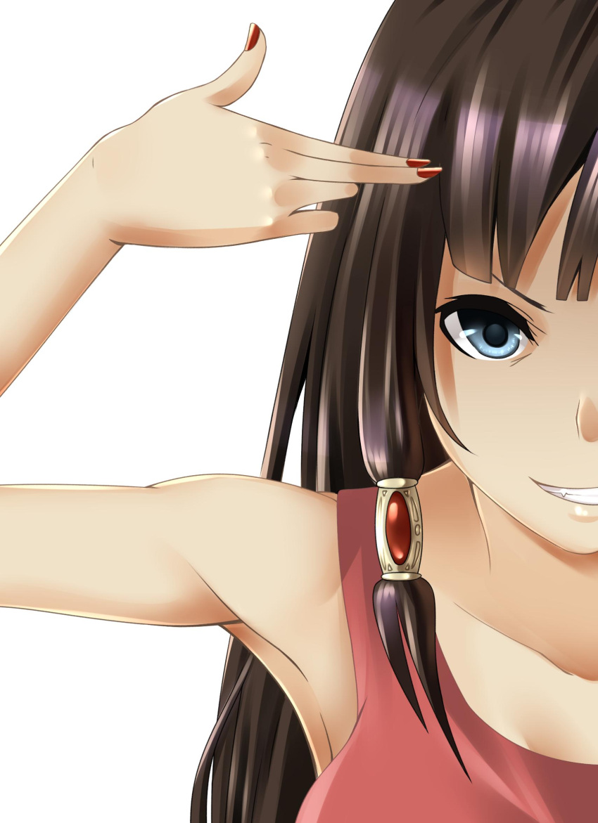 1girl akije-hirodi arms_up ayane_kitahara bang bare_shoulders blue_eyes brown_hair close-up evil_smile finger_gun highres light_smile long_hair nail_polish original smile teeth white_background