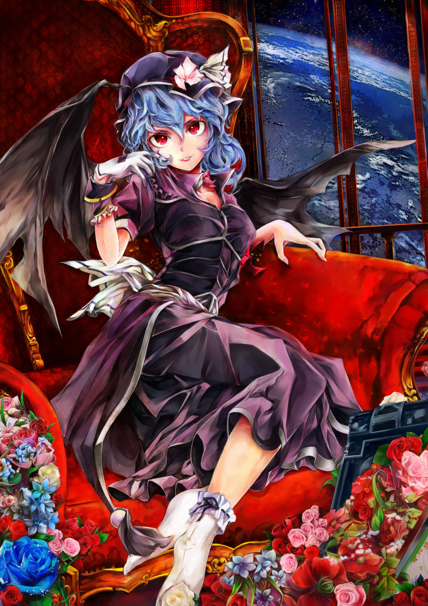 1girl absurdres adapted_costume alternate_color bat_wings blue_hair blue_rose dress earth flower grin hat hat_flower hat_ornament hat_ribbon highres indoors lipstick looking_at_viewer makeup no_shoes pink_rose poyan_noken purple_dress purple_hat red_eyes red_rose remilia_scarlet ribbon rose sash short_hair single_glove sitting slit_pupils smile solo space tagme throne touhou white_legwear wings