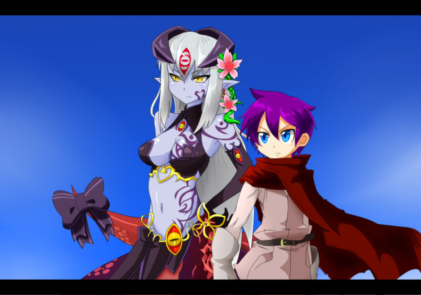 1boy 1girl alisfieze_fateburn_xvi bangs bare_shoulders belt blue_eyes breasts cape cleavage commentary_request flower gloves hair_flower hair_ornament highres lamia long_hair luka_(mon-musu_quest!) mon-musu_quest! monster_girl navel parody purple_hair red_cape ribbon serious short_hair silver_hair sky style_parody style_request tail tail_bow tattoo tattooed_breast yellow_eyes