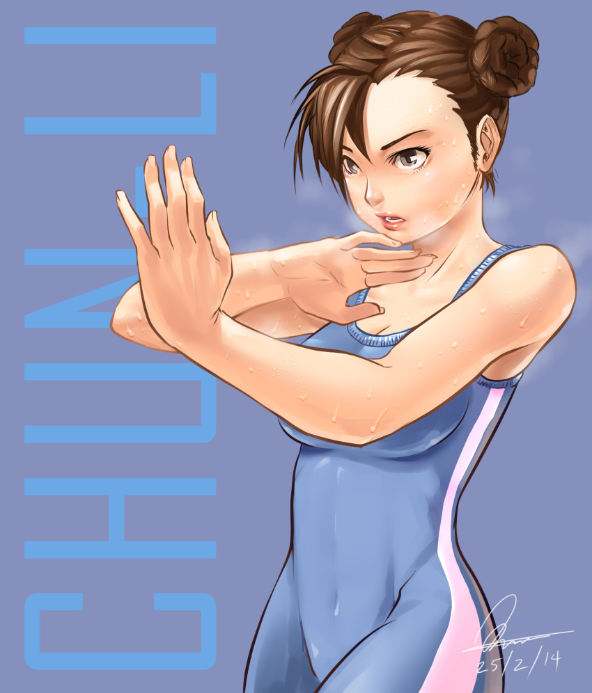 1girl alternate_costume bare_shoulders bodysuit breasts brown_eyes brown_hair character_name chun-li cleavage dated double_bun fighting_stance heavy_breathing highres hot kumsmkii lips short_hair signature solo street_fighter sweat sweating