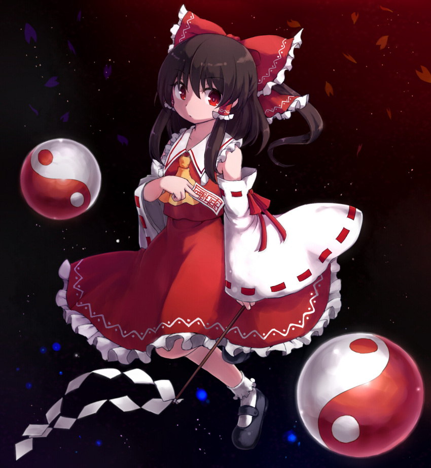 1girl ascot bow brown_hair detached_sleeves frilled_skirt frills gohei hair_bow hair_tubes hakurei_reimu highres mary_janes ofuda orb petals red_eyes ribbon-trimmed_sleeves ribbon_trim rizento shoes skirt sky star_(sky) starry_sky touhou yin_yang