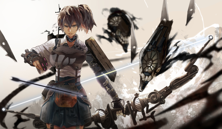 1girl archery armor arrow bow_(weapon) breasts brown_eyes brown_hair flight_deck ha-class_destroyer highres japanese_clothes kaga_(kantai_collection) kantai_collection kirii kyuudou muneate personification short_hair side_ponytail skirt weapon yugake