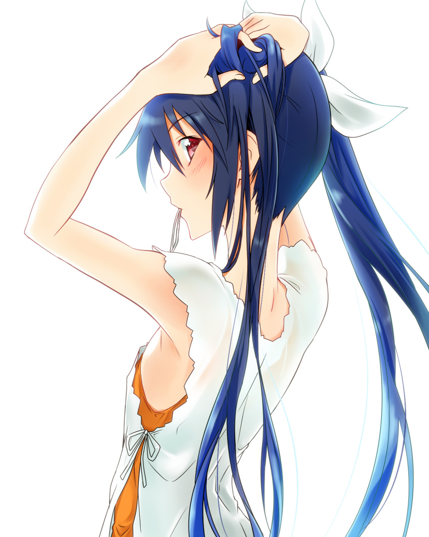 1girl adjusting_hair back blue_hair breasts dress hair_ribbon hair_tie hand_in_hair highres long_hair looking_at_viewer mouth_hold nape ore_twintail_ni_narimasu red_eyes ribbon ribbon_in_mouth semi-transparent sideboob simple_background solo tsube_aika twintails tying_hair white_background white_dress yuto_(dialique)