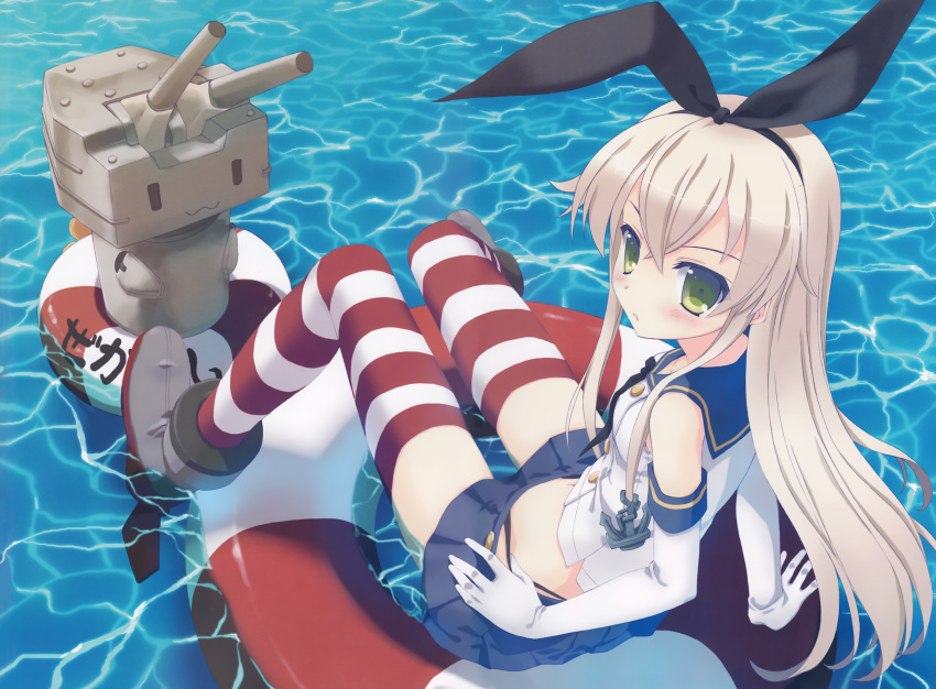 1girl absurdres afloat anchor bare_shoulders black_panties blonde_hair blush elbow_gloves flat_chest gloves green_eyes hair_ornament highleg highleg_panties highres innertube kantai_collection long_hair looking_at_viewer looking_over_shoulder nanao_naru navel panties personification rensouhou-chan sailor_collar scan shimakaze_(kantai_collection) skirt solo striped striped_legwear thighhighs underwear water white_gloves