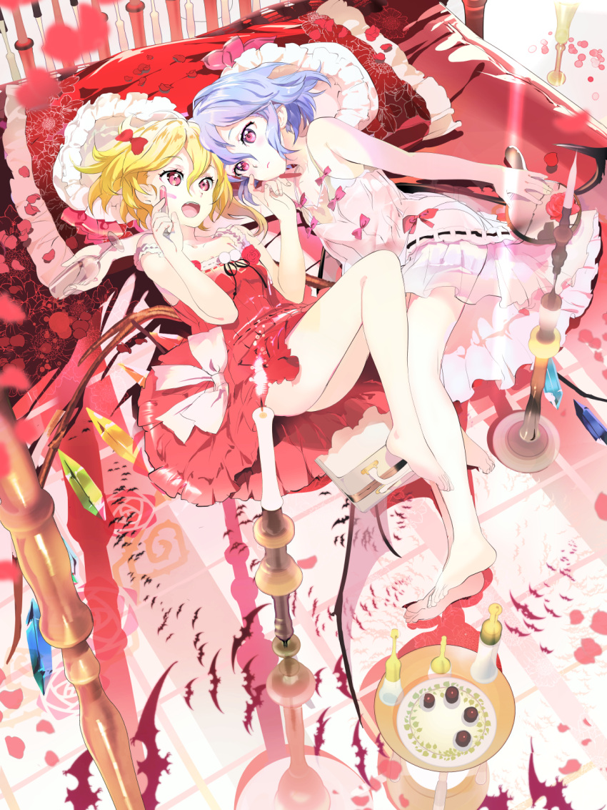119 2girls ass bat bat_wings blonde_hair blue_hair bow dress flandre_scarlet flower hair_bow highres lips lying mob_cap multiple_girls nightgown on_back on_bed on_side open_clothes open_jacket pillow pink_dress pink_eyes red_dress red_rose remilia_scarlet rose siblings sisters smile touhou upskirt wings