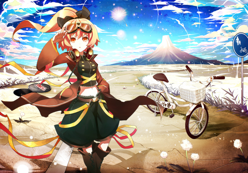 1girl adapted_costume album_cover belt bicycle blonde_hair blue_skirt boots bow clouds coat cover goggles goggles_on_head hair_bow headphones headphones_around_neck kurodani_yamame kusakanmuri landscape looking_at_viewer manhole manhole_cover midriff navel open_clothes open_coat ponytail road road_sign shirt sign skirt solo touhou yellow_eyes