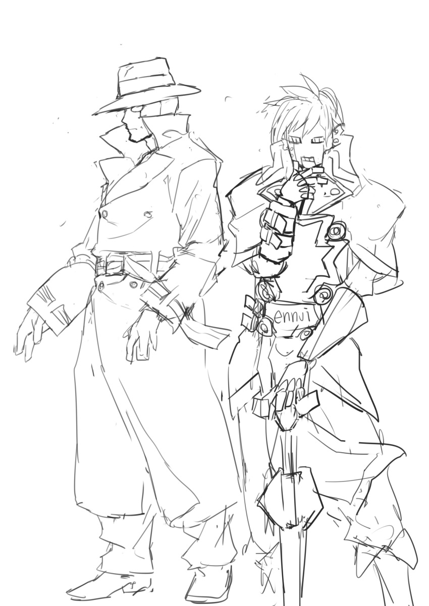 2boys absurdres crossover fedora guilty_gear hat highres makai multiple_boys planted_sword planted_weapon q robo-ky robot sketch street_fighter street_fighter_iii street_fighter_iii:_3rd_strike sword trench_coat weapon