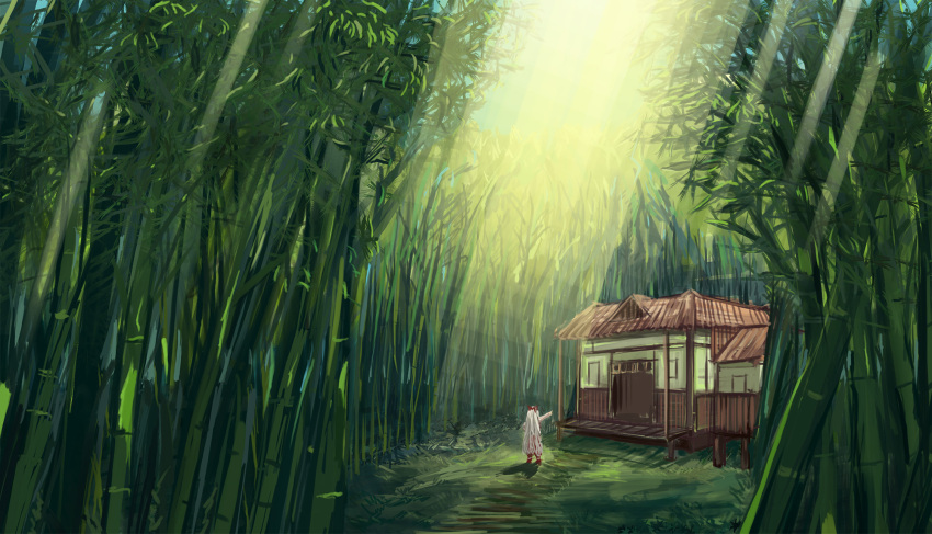 1girl architecture bamboo bamboo_forest chenyin east_asian_architecture eientei forest from_behind fujiwara_no_mokou grass highres long_hair long_sleeves nature outdoors pointing scenery sunbeam sunlight touhou very_long_hair white_hair