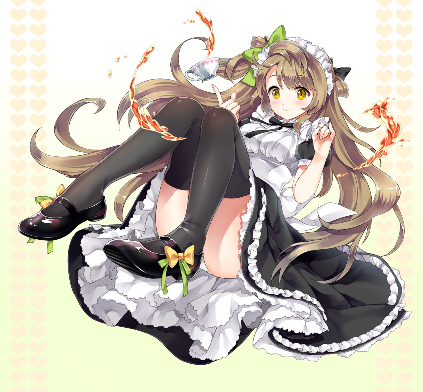 1girl apron black_legwear blush bow brown_hair cup dress frilled_dress frills hair_bow highres ice_(ice_aptx) long_hair love_live!_school_idol_project maid maid_headdress mary_janes minami_kotori panties shoes side_ponytail smile solo teacup thighhighs underwear white_panties yellow_eyes