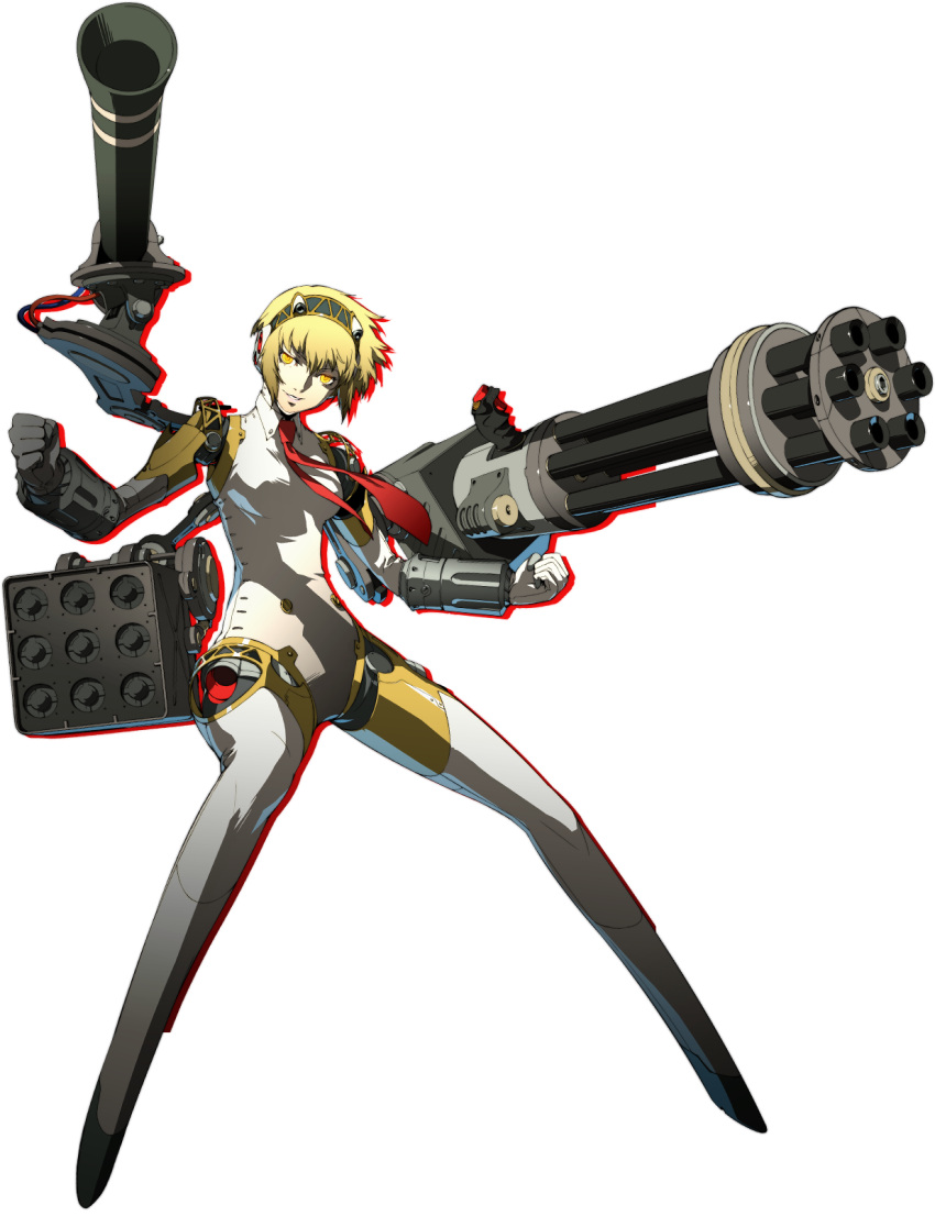 1girl aegis blonde_hair blue_eyes crossover fighting_stance gatling_gun gun highres huge_weapon missile necktie official_art persona persona_3 persona_4:_the_ultimate_in_mayonaka_arena robot robot_joints shadow_(persona) slender_waist soejima_shigenori solo weapon