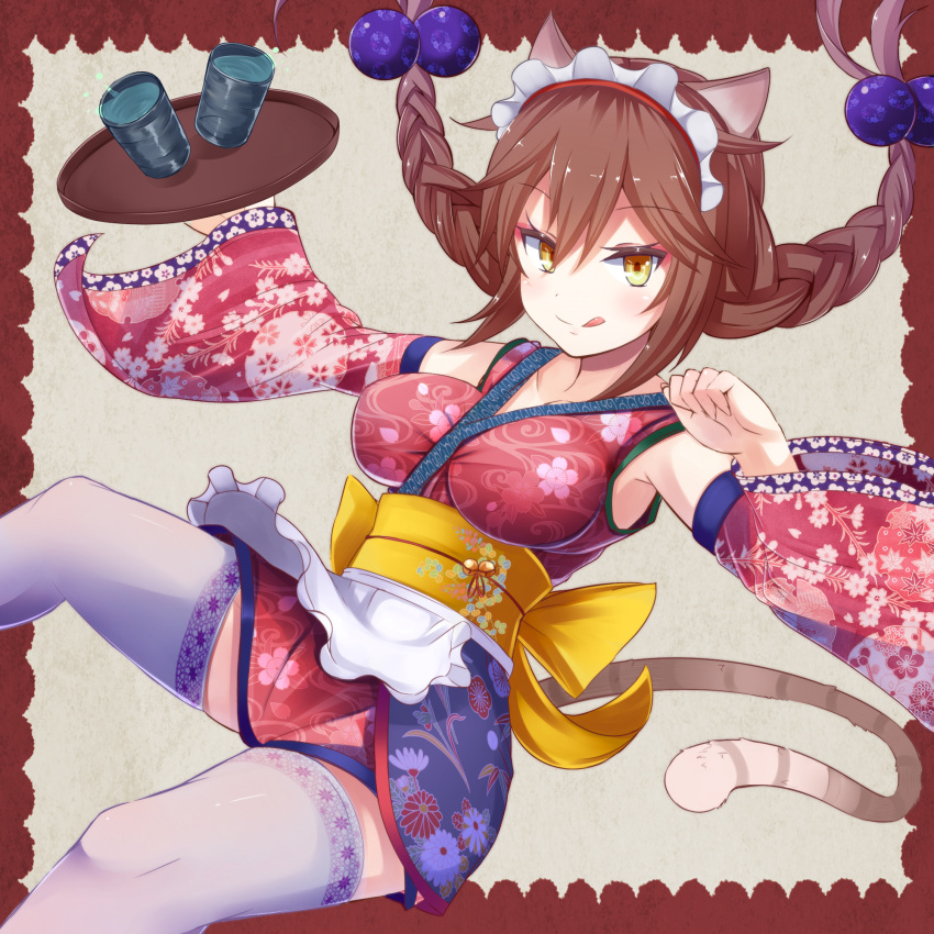 1girl :q animal_ears apron blush braid breasts brown_hair cat_ears cat_tail cup detached_sleeves hair_bobbles hair_ornament highres irohasu japanese_clothes kimono long_hair looking_at_viewer original smile solo tail thighhighs tongue tray twin_braids twintails waist_apron yellow_eyes zettai_ryouiki