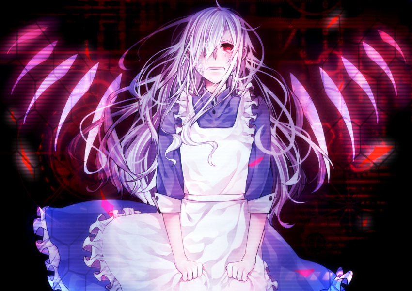 1girl akasi0816 dress hair_over_one_eye kagerou_project kozakura_mary long_hair outer_science_(vocaloid) red_eyes scales silver_hair spoilers tears