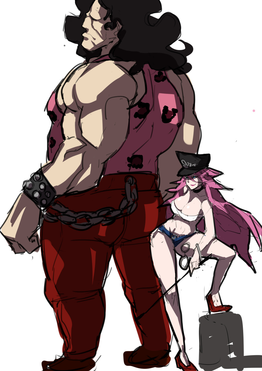 1boy 1girl absurdres black_hair blue_eyes breasts chain choker cleavage curly_hair final_fight hat height_difference highres hugo_andore long_hair makai midriff muscle peaked_cap pink_hair poison_(final_fight) red_shoes riding_crop shoes smile street_fighter street_fighter_iii tank_top tubetop