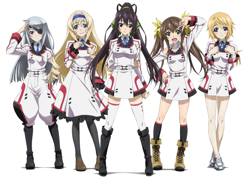 5girls ahoge black_hair black_legwear blonde_hair blue_eyes blush boots brown_hair cecilia_alcott charlotte_dunois curly_hair dress drill_hair eyepatch fang green_eyes hair_ribbon hairband highres huang_lingyin infinite_stratos laura_bodewig long_hair low_ponytail multiple_girls necktie open_mouth pantyhose ponytail purple_eyes red_eyes ribbon salute school_uniform shinonono_houki silver_hair smile socks thighhighs twintails v white_background