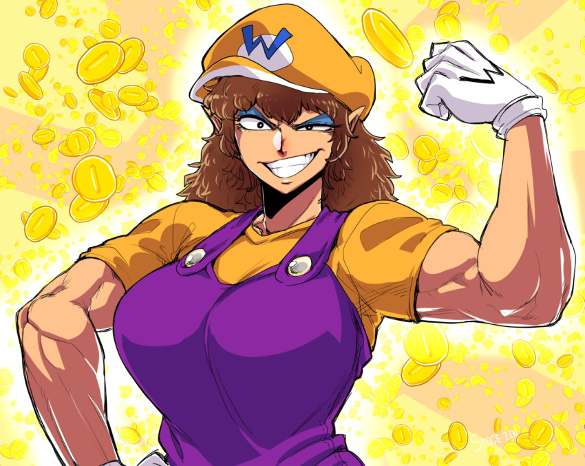 1girl breasts brown_hair coin eyeshadow flexing genderswap gloves grin hat large_breasts makeup muscle nintendo overalls pointy_ears pose smile space_jin super_mario_bros. wario