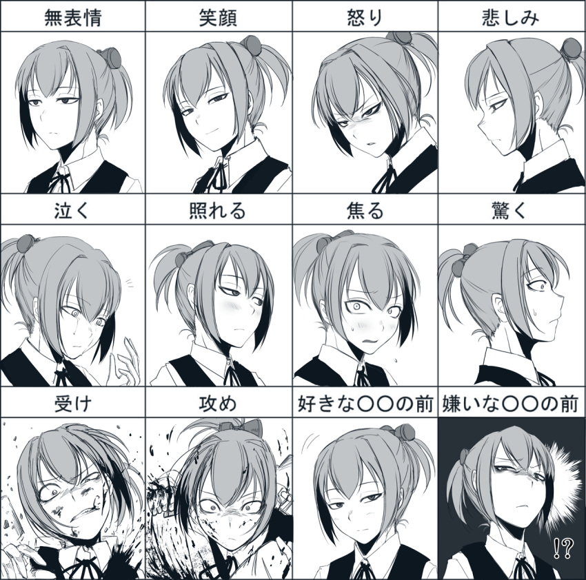 1girl angry blood blush chart clenched_hand expressionless expressions facial_expressions glaring gloves hair_ornament hetza_(hellshock) highres kantai_collection looking_at_viewer looking_down monochrome personification ponytail punching school_uniform shiranui_(kantai_collection) short_hair smile smirk sneer solo surprised sweat tears translated
