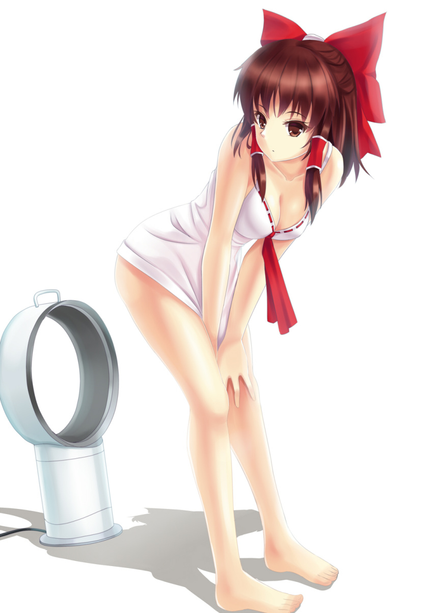 1girl ascot bare_legs barefoot bladeless_fan breasts brown_eyes brown_hair chemise cleavage dyson error fanning_crotch hair_ribbon hair_tubes hakurei_reimu highres leaning_forward naked_shirt no_panties ribbon solo touhou v_arms zi_se