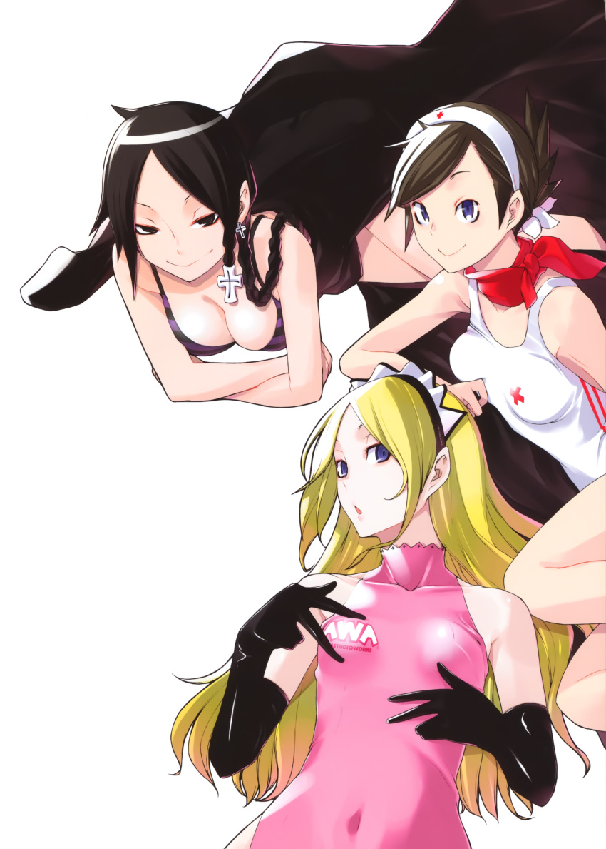 3girls absurdres ascot bangs bare_shoulders bikini black_eyes black_gloves black_hair blonde_hair blue_eyes braid breasts brown_hair cleavage collarbone covered_navel elbow_gloves flower gloves hair_flower hair_ornament hair_up hairband highres looking_at_viewer lying mariabell multiple_girls on_back on_side on_stomach one-piece_swimsuit pink_swimsuit scan shinatsuhiko_yae short_hair simple_background smile striped striped_bikini striped_swimsuit swept_bangs swimsuit v_juri_f white_background yasuda_suzuhito yozakura_quartet