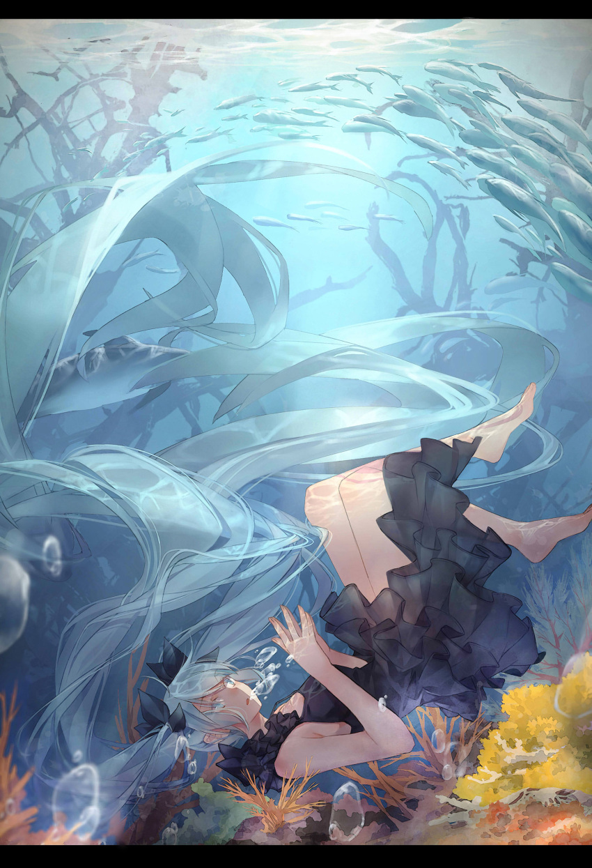 1girl absurdres aqua_eyes aqua_hair bubble coral dress fish hatsune_miku highres letterboxed long_hair momozi_(mkingnight) shinkai_shoujo_(vocaloid) solo steepled_fingers submerged twintails underwater very_long_hair vocaloid