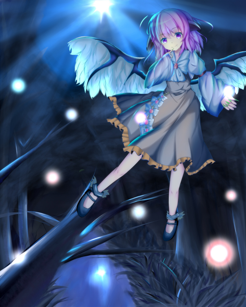 1girl armband atsuya_(haru9741) bird_wings bow dress fang fang_out finger_to_face fingernails fireflies flying grass green_nails highres light long_sleeves looking_at_viewer mary_janes mystia_lorelei night no_hat outdoors pink_hair sharp_fingernails shoes short_hair smile solo stream touhou tree violet_eyes