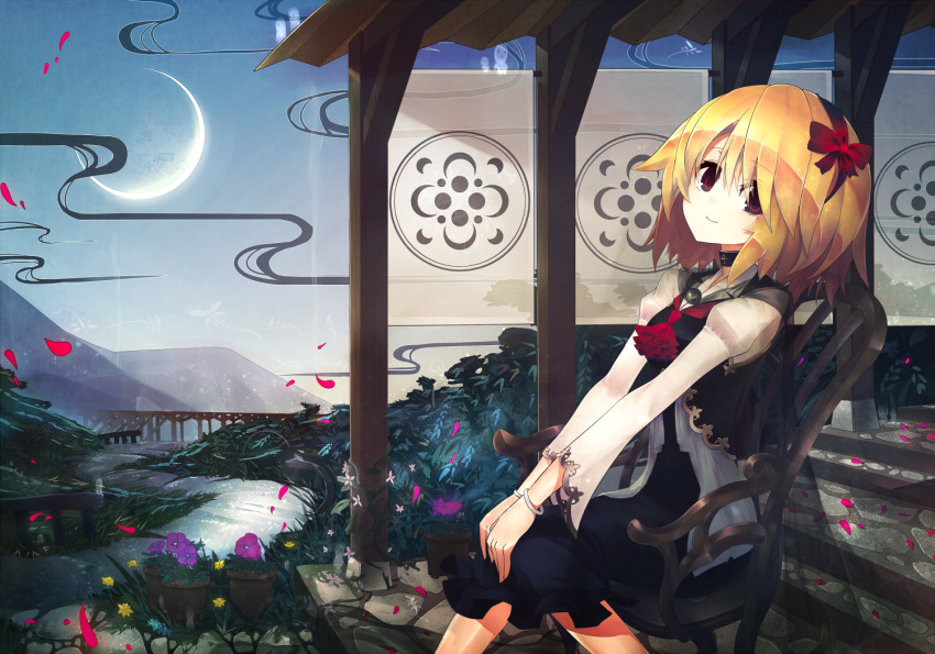 1girl adapted_costume ascot black_dress blonde_hair blue_sky bow bridge chair choker cobblestone crescent_moon cross dress flower_pot hair_bow hairband horizon kusakanmuri long_sleeves looking_at_viewer moon outstretched_arms petals red_bow red_eyes river rumia short_hair sitting sky smile smoke solo tagme touhou violet_(flower)