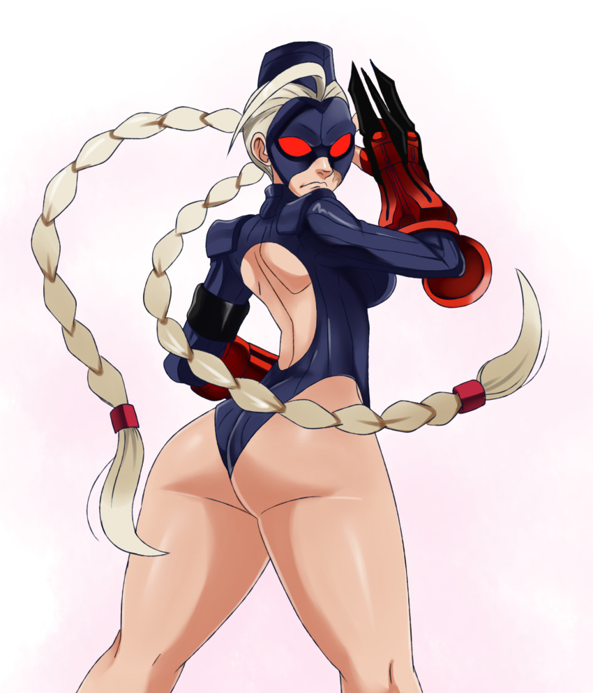 1girl absurdres ahoge ass back_cutout blonde_hair braid breasts claw_(weapon) decapre eric_lowery from_behind garrison_cap hat highres huge_ahoge leotard long_hair looking_back mask no_legwear red_eyes ribbed_leotard shoulder_pads solo street_fighter twin_braids ultra_street_fighter_iv