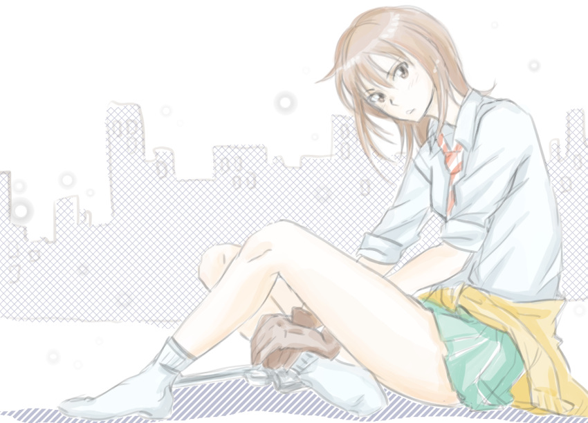 1girl brown_eyes brown_hair clothes_around_waist coppelion crossed_legs gloves green_skirt gun hand_on_ankle handgun looking_at_viewer naruse_ibara natori_sachiko no_shoes pale_color pleated_skirt shirt sitting skirt sleeves_rolled_up socks solo sweater_around_waist weapon white_shirt