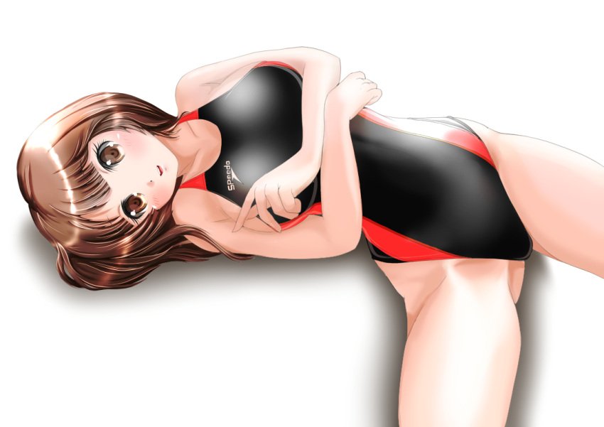 1girl blush brown_eyes brown_hair competition_swimsuit long_hair lying on_side one-piece_swimsuit original reiji-sss solo speedo_(company) swimsuit