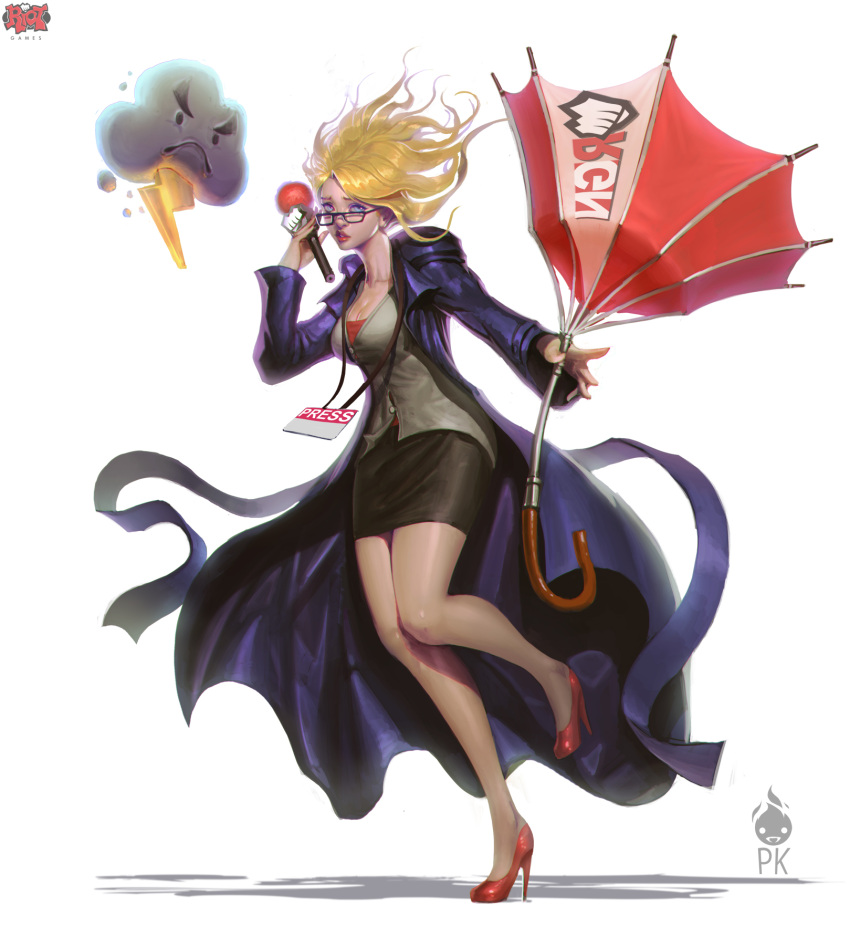 1girl alternate_costume bespectacled blonde_hair blue_eyes breasts broken_umbrella cleavage clouds concept_art glasses high_heels highres janna_windforce league_of_legends long_coat long_hair microphone official_art paul_kwon pencil_skirt red_shoes reporter shoes skirt solo umbrella wind_lift