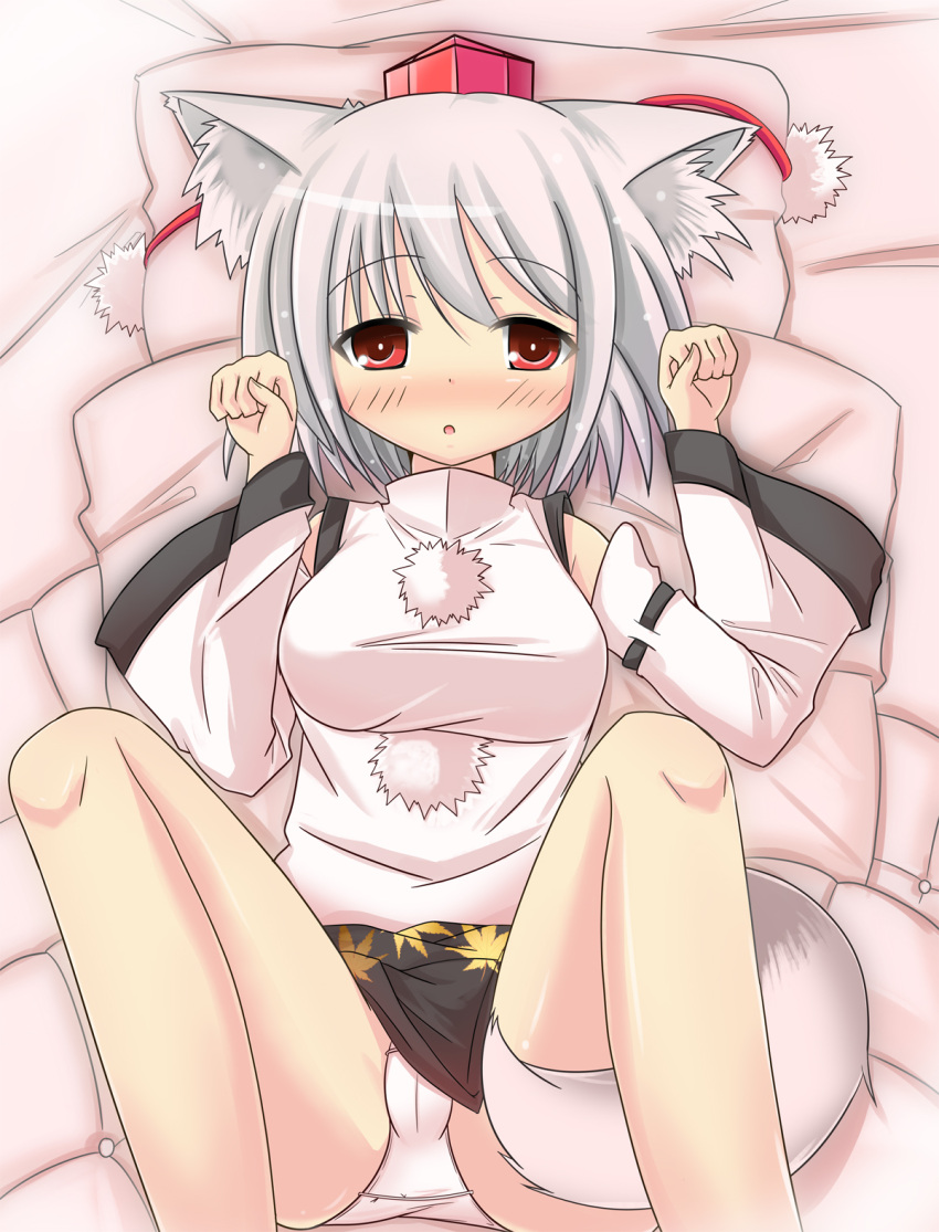 1girl animal_ears bare_shoulders bed blush breasts detached_sleeves hat highres inubashiri_momiji large_breasts looking_at_viewer miniskirt open_mouth panties paws pom_pom_(clothes) red_eyes shirt short_hair silver_hair skirt solo tail tokin_hat touhou underwear white_shirt wolf_ears wolf_tail