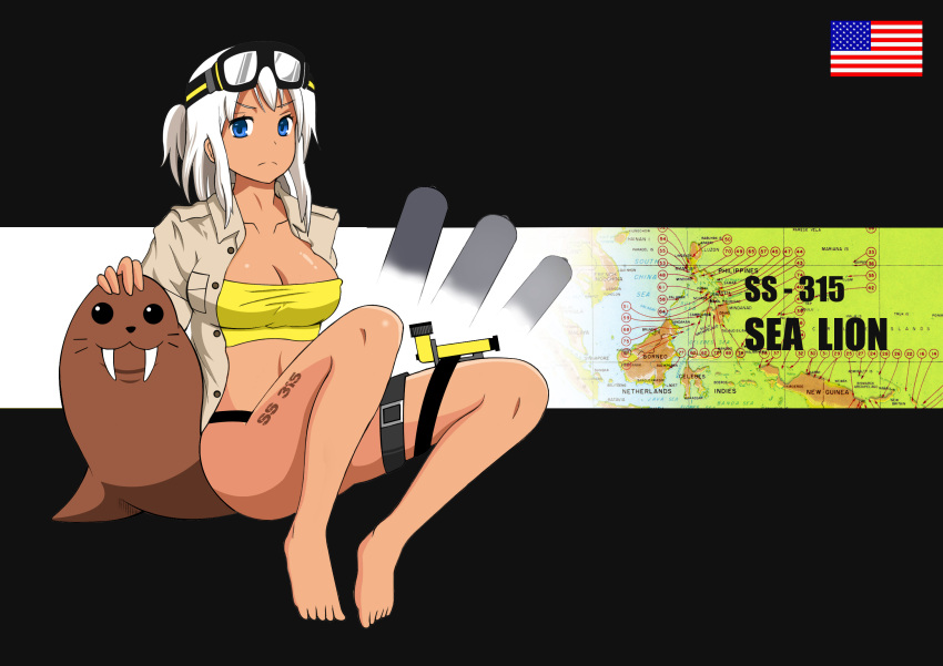 1girl :&lt; america american_flag blue_eyes breasts character_name goggles goggles_on_head half_updo highres kantai_collection map namesake original shirt solo swimsuit u-tan_(artist) unbuttoned us_navy uss_sealion_(ss-315) walrus white_hair