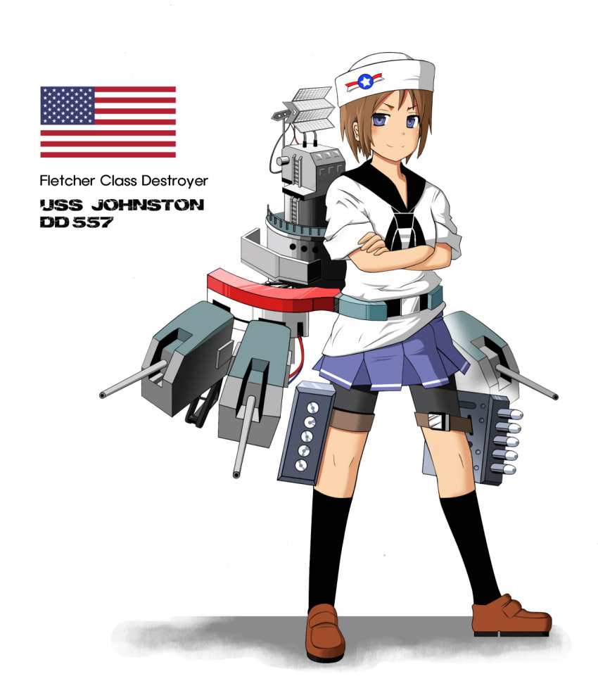 1girl america american_flag bike_shorts blue_eyes brown_hair character_name crossed_arms dixie_cup_hat hat highres kantai_collection kneehighs mary_janes original personification school_uniform serafuku shoes short_hair skirt smile solo turret u-tan_(artist) us_navy uss_johnston_(dd-557) world_war_ii