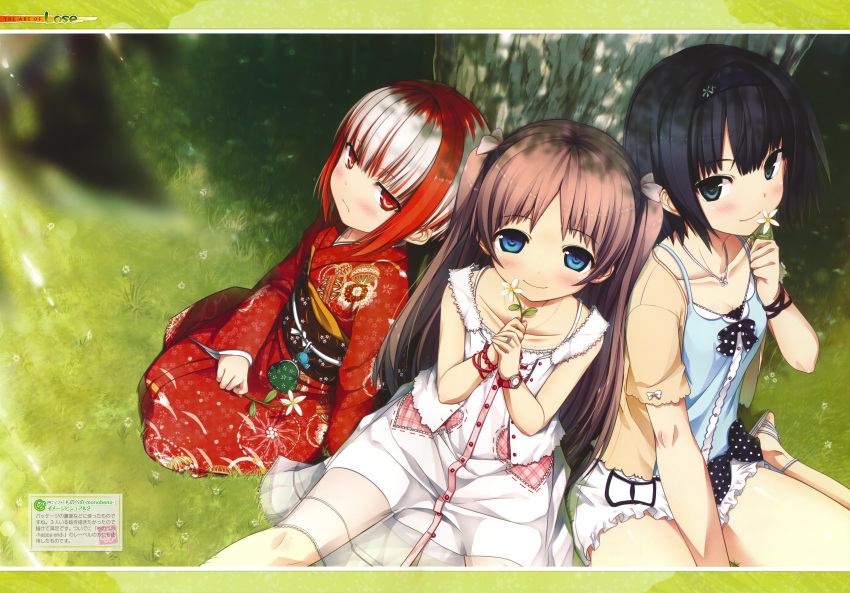 3girls :/ absurdres arishima_alice black_eyes black_hair blue_eyes blush brown_hair casual cura dress flower girl_sandwich grass hairband highres holding holding_flower huge_filesize japanese_clothes kimono monobeno multicolored_hair multiple_girls obi payot red_eyes redhead ribbon sandwiched sash sawai_natsuha scan smile sumi_(monobeno) tree two-tone_hair two_side_up under_tree watch watch white_hair