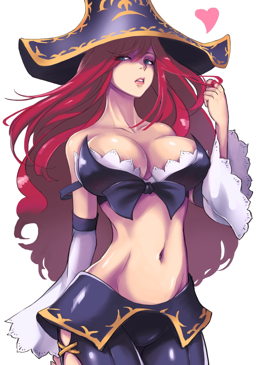1girl blue_eyes breasts cleavage detached_sleeves devildogs hair_twirling hat highres large_breasts league_of_legends long_hair looking_at_viewer midriff mound_of_venus navel parted_lips pirate_hat redhead sarah_fortune simple_background solo very_long_hair white_background