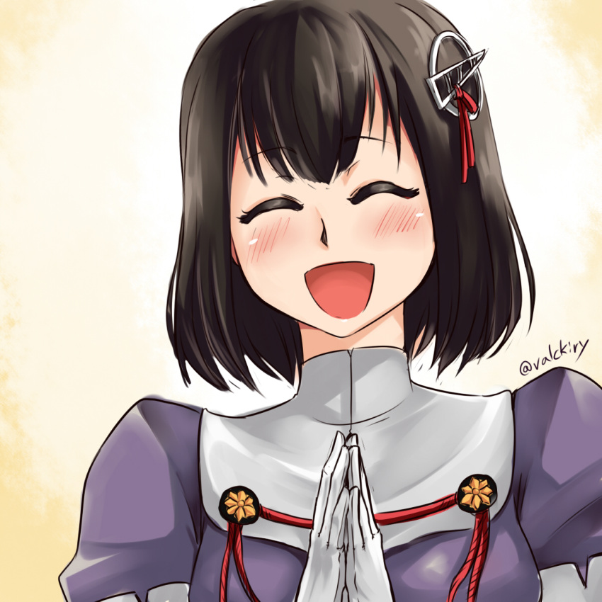 1girl aiguillette blush brown_hair closed_eyes facing_viewer gloves haguro_(kantai_collection) hair_ornament hands_together happy highres kantai_collection nam_(valckiry) open_mouth puffy_sleeves purple_shirt signature smile solo