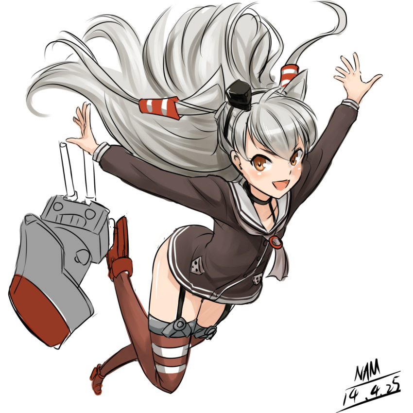 1girl amatsukaze_(kantai_collection) brown_eyes garter_straps hairband highres kantai_collection long_hair looking_at_viewer machinery nam_(valckiry) open_mouth rensouhou-kun silver_hair solo thighhighs turret twintails