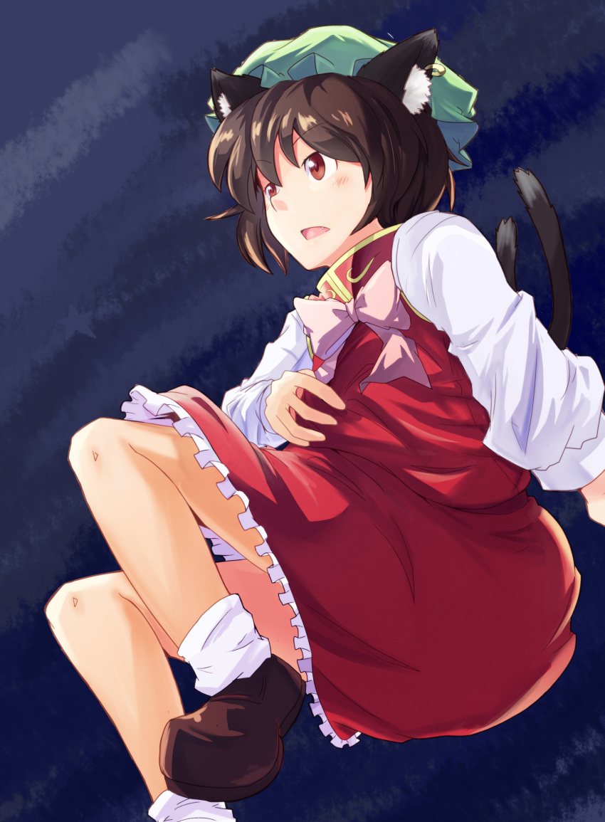 1girl absurdres animal_ears blue_background blush bobby_socks brown_hair brown_shoes cat_ears cat_tail chen earrings green_hat hamakenn hat highres jewelry loafers long_sleeves looking_away multiple_tails nekomata open_mouth pink_bow red_eyes red_skirt shoes short_hair simple_background skirt socks solo tail touhou white_legwear
