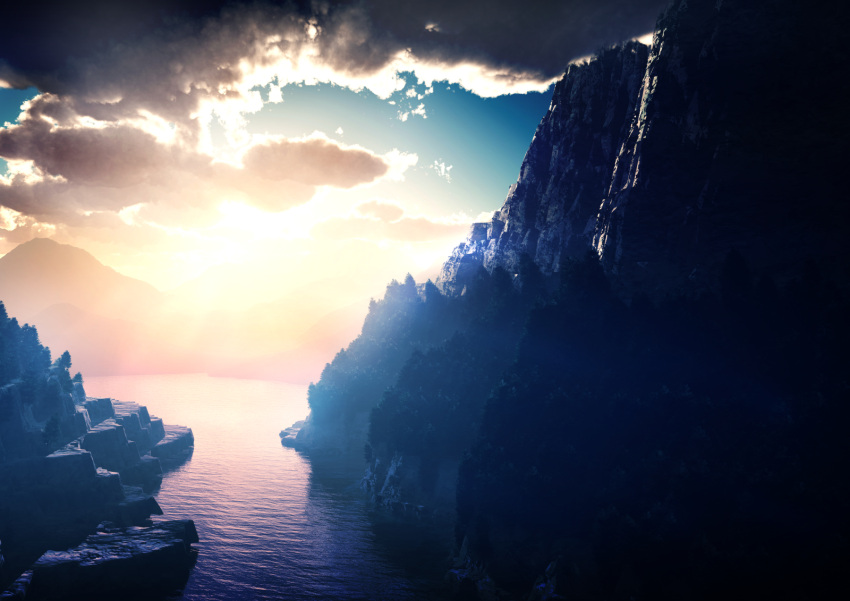 3d clouds highres mountain no_humans original reflection scenery sky sun tree water y_k14