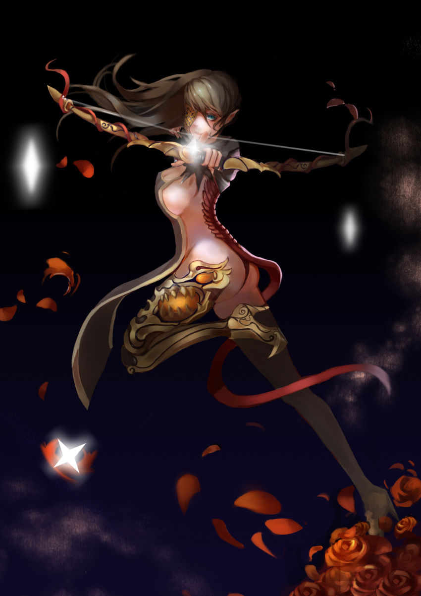 1girl absurdres ass black_background black_legwear blade_&amp;_soul blue_eyes boots bow_(weapon) breasts brown_hair eyepatch high_heels highres kevin-z large_breasts light_smile long_hair petals sideboob solo weapon