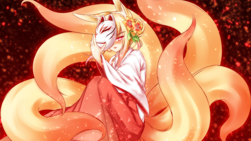 1girl animal_ears blonde_hair blush flower fox_ears fox_mask fox_tail hair_flower hair_ornament hakama haori highres japanese_clothes mask miko multiple_tails original playjoe2005 red_eyes tail