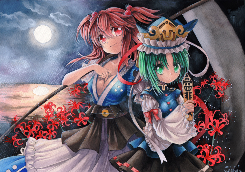 2girls belt blush breasts carrying cleavage clouds coin flower full-face_blush green_eyes green_hair hair_bobbles hair_ornament hat hat_ribbon large_breasts long_sleeves looking_at_viewer mosho multiple_girls night onozuka_komachi paint_(medium) pencil_crayon_(medium) red_eyes redhead reflection ribbon river rod_of_remorse scythe shiki_eiki shirt short_sleeves shoulder_carry skirt sky smile touhou traditional_media twintails vest watercolor_(medium) wide_sleeves
