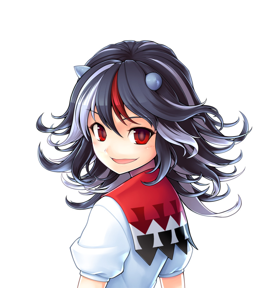 1girl album_cover black_hair bow bust cover dress ebizome highres horns kijin_seija looking_at_viewer looking_back multicolored_hair open_mouth red_eyes redhead short_hair short_sleeves simple_background smile solo streaked_hair touhou white_background white_hair