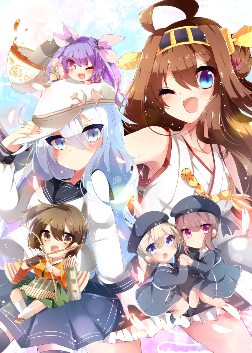 6+girls ahoge arrow blue_background blue_eyes blue_hair blush bow_(weapon) brown_eyes brown_hair cup hairband hat hibiki_(kantai_collection) highres hiryuu_(kantai_collection) holding_hands i-19_(kantai_collection) kaenuco kantai_collection kongou_(kantai_collection) long_hair minigirl multicolored_eyes multiple_girls one_eye_closed open_mouth person_on_head purple_hair red_eyes ribbon short_hair silver_hair sitting smile teacup torpedo twintails verniy_(kantai_collection) violet_eyes weapon wink z1_leberecht_maass_(kantai_collection) z3_max_schultz_(kantai_collection)