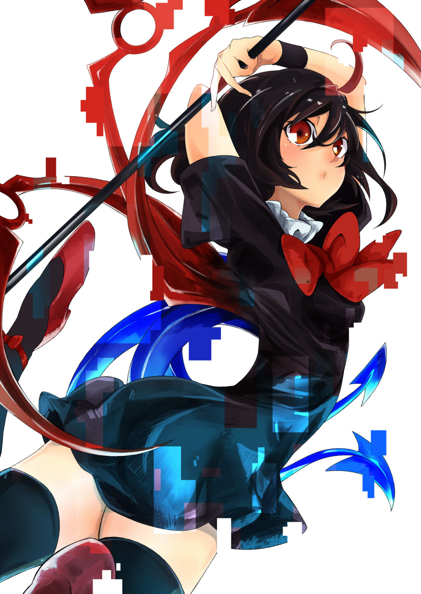 1girl asymmetrical_wings black_dress black_hair black_legwear bow brown_eyes dress highres houjuu_nue looking_at_viewer ohtanian red_shoes shoes short_sleeves simple_background solo thigh-highs touhou white_background wings zettai_ryouiki