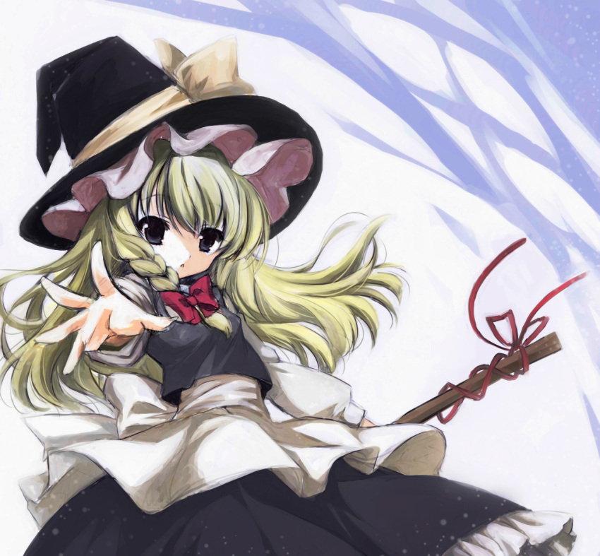 1girl apron blonde_hair bow braid broom broom_ribbon grey_eyes hair_bun hat hat_bow kirisame_marisa long_hair long_sleeves looking_at_viewer outstretched_arm outstretched_hand shirt single_braid skirt skirt_set solo touhou vest waist_apron witch_hat yutamitan