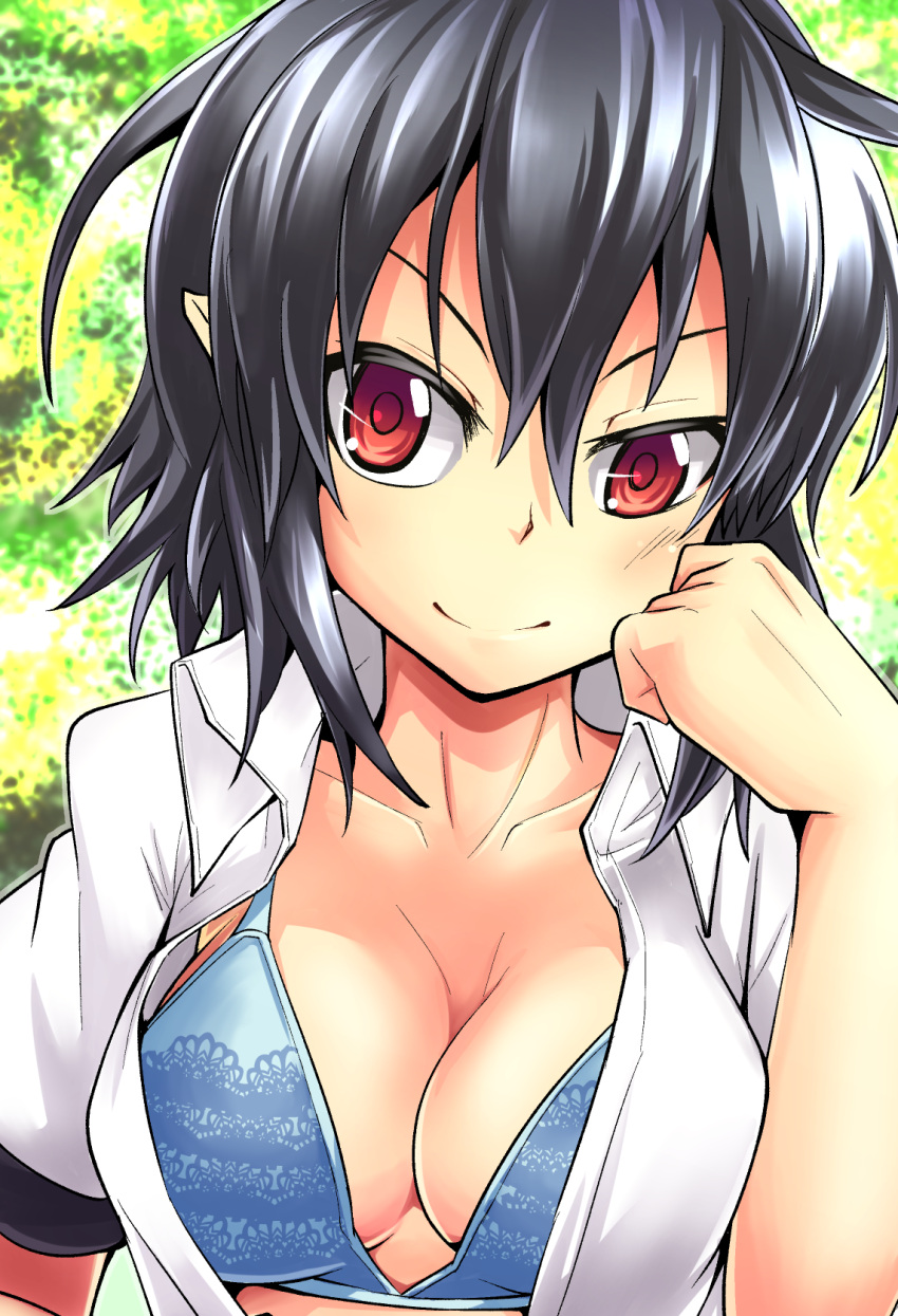 1girl ashiroku_(miracle_hinacle) black_hair blue_bra bra breasts bust cleavage collarbone face highres large_breasts looking_at_viewer open_clothes open_shirt pointy_ears puffy_sleeves red_eyes shameimaru_aya short_sleeves smile solo touhou underwear