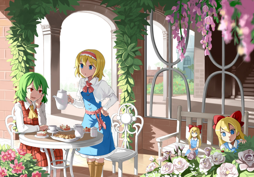 2girls alice_margatroid ascot bench blonde_hair blue_eyes boots bow cake capelet chair chin_rest cup doll_joints dress emerane flower food green_hair hair_bow hairband hand_on_hip kazami_yuuka ladybug long_hair multiple_girls open_mouth plaid plaid_skirt red_eyes sash shanghai_doll short_hair sitting skirt smile table teacup teapot touhou wisteria